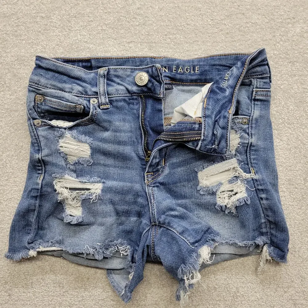 American Eagle Women Size 4 Hi Rise Shortie Distressed Denim Jean Shorts Stretch
